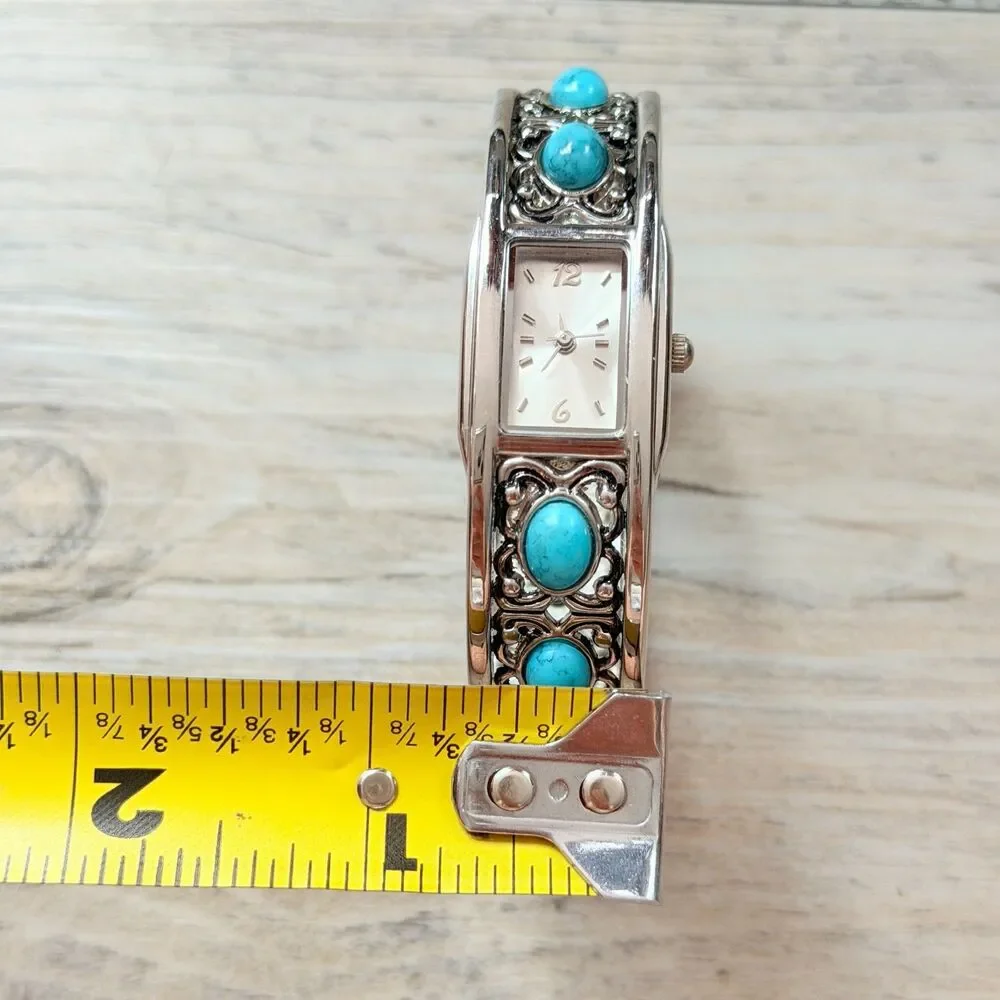 Southwestern Turquoise Silver Tone Cuff Bracelet Watch Western Boho Cowgirl